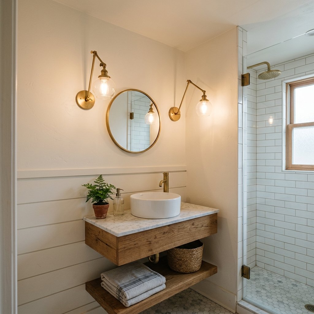 17 Tiny Bathroom Ideas That Make Small Spaces Look Seriously Expensive 5 Install Wall Sconces Instead of Bulky Lights
