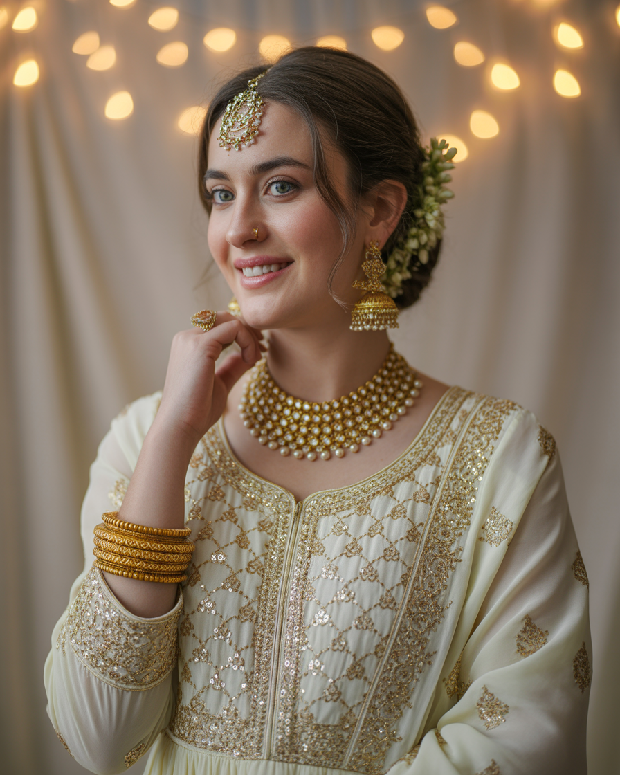 16 Eid Outfit Ideas That’ll Have Everyone Asking “Okay… Where Did You Get That?” 2 Ivory Anarkali With Gold Jewelry
