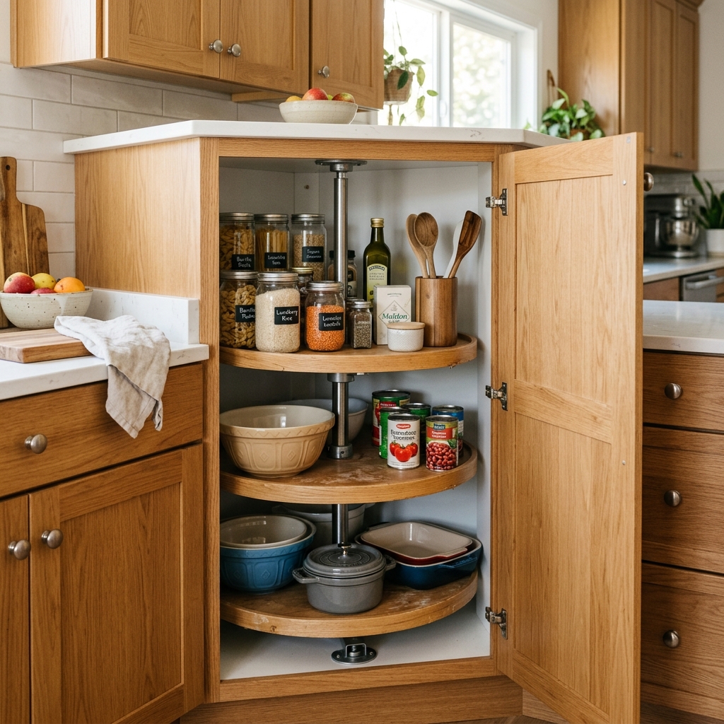 16 Kitchen Storage Ideas That Will Make Your Tiny Kitchen Feel Weirdly Expensive 12 Lazy Susans for Corner Cabinets