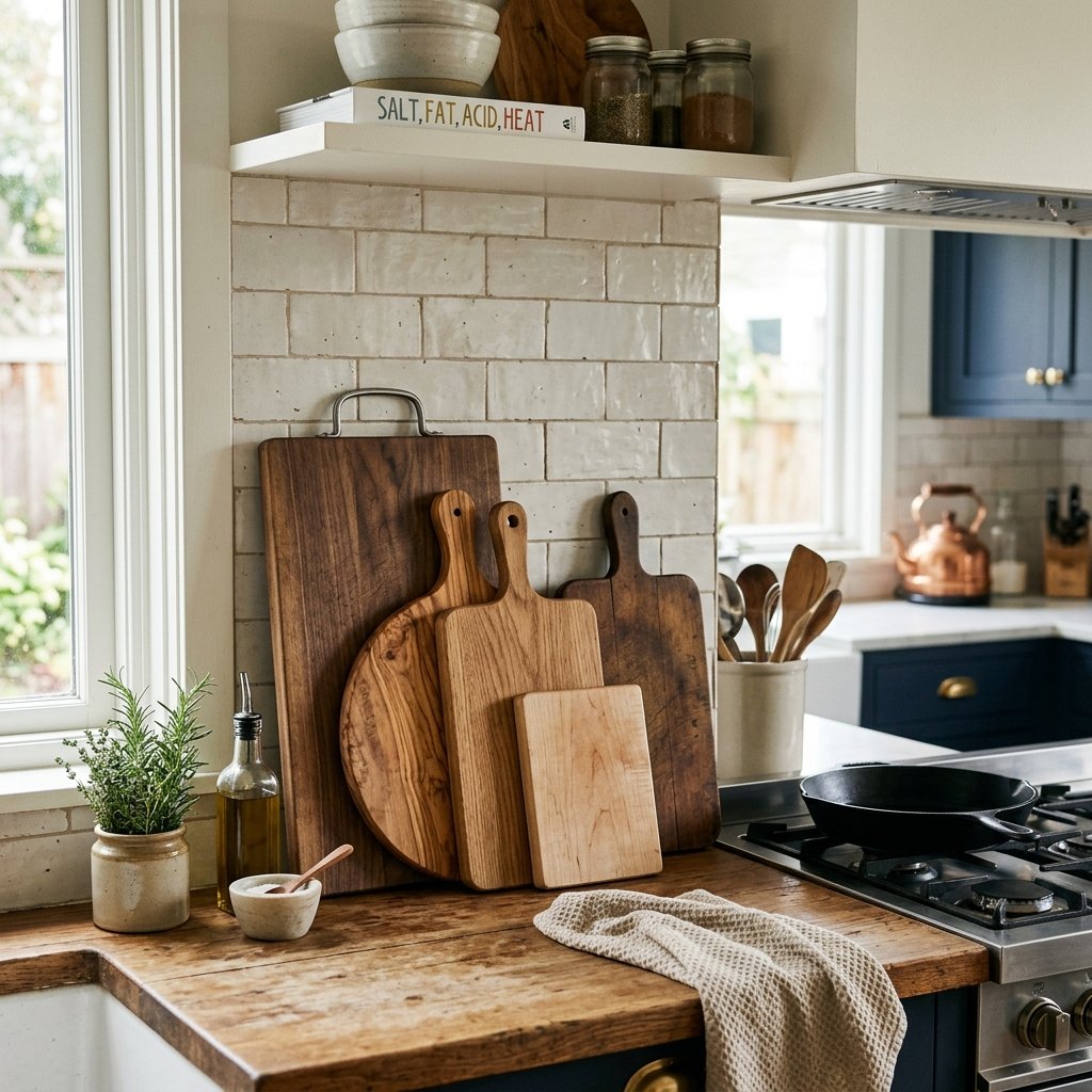 16 Kitchen Decor Ideas That Instantly Make Your Space Look Expensive (Without the Full Remodel Drama) 12 Lean Cutting Boards Against the Backsplash