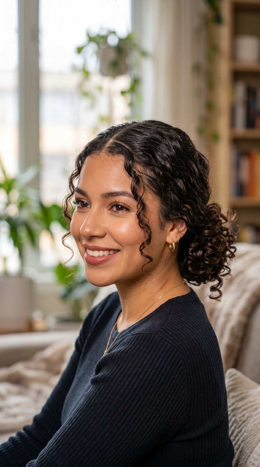 15 Curly Bun Hairstyles That Instantly Upgrade Your Look (No Effort, All Style) 3 Low Curly Bun with Middle Part