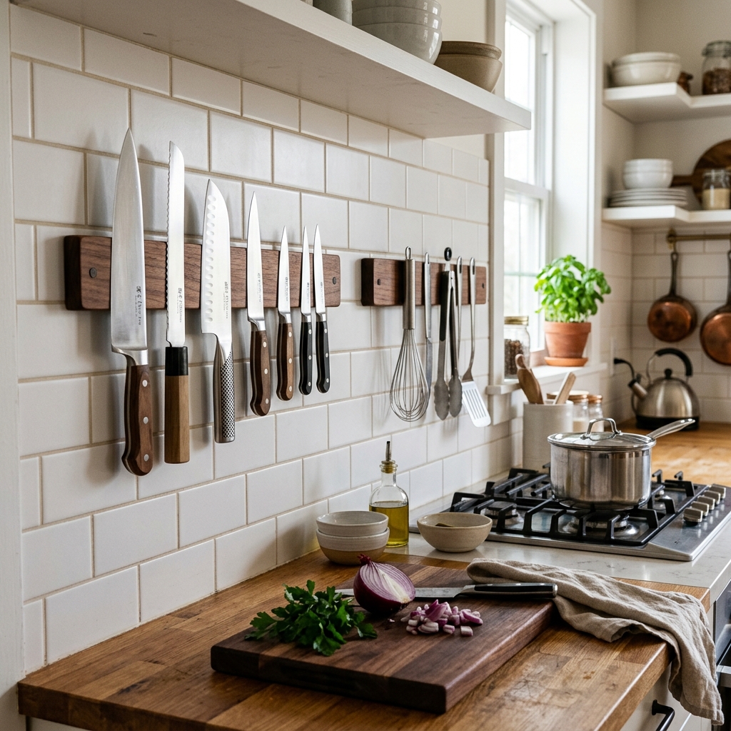 16 Kitchen Storage Ideas That Will Make Your Tiny Kitchen Feel Weirdly Expensive 7 Magnetic Knife Strips