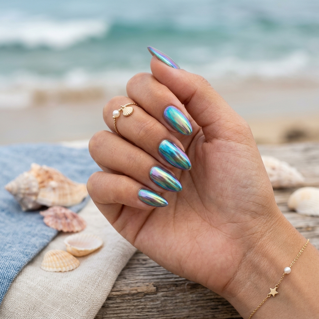 17 Beach Summer Nails That Will Make Your Vacation Photos Instantly Hotter 8 Mermaid Chrome Nails