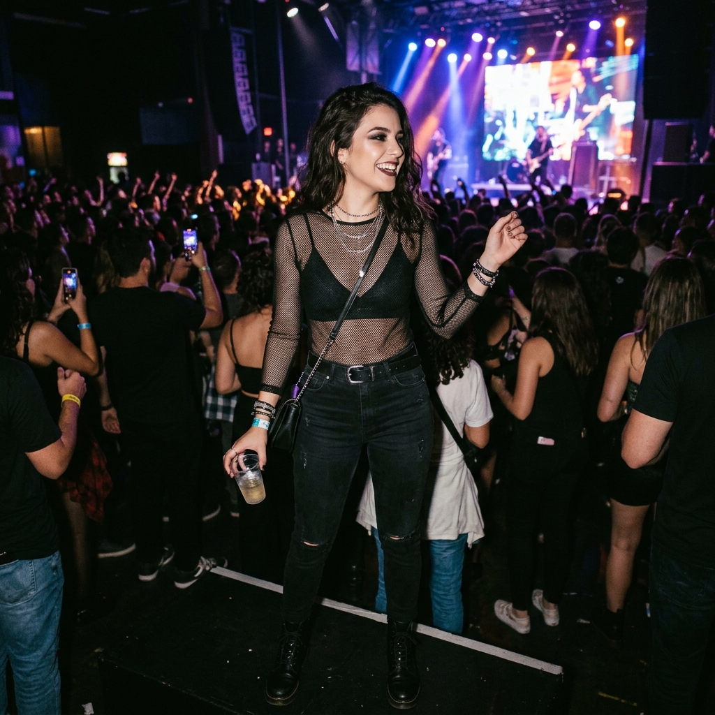 15 Concert Outfit Ideas That’ll Have You Looking Like the Main Character All Night 5 Mesh Top Black Jeans