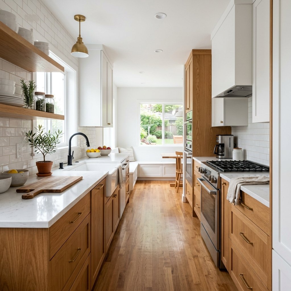 16 Galley Kitchen Ideas That Make Small Spaces Look Expensive Without Even Trying 8 Mix Wood and White Tones