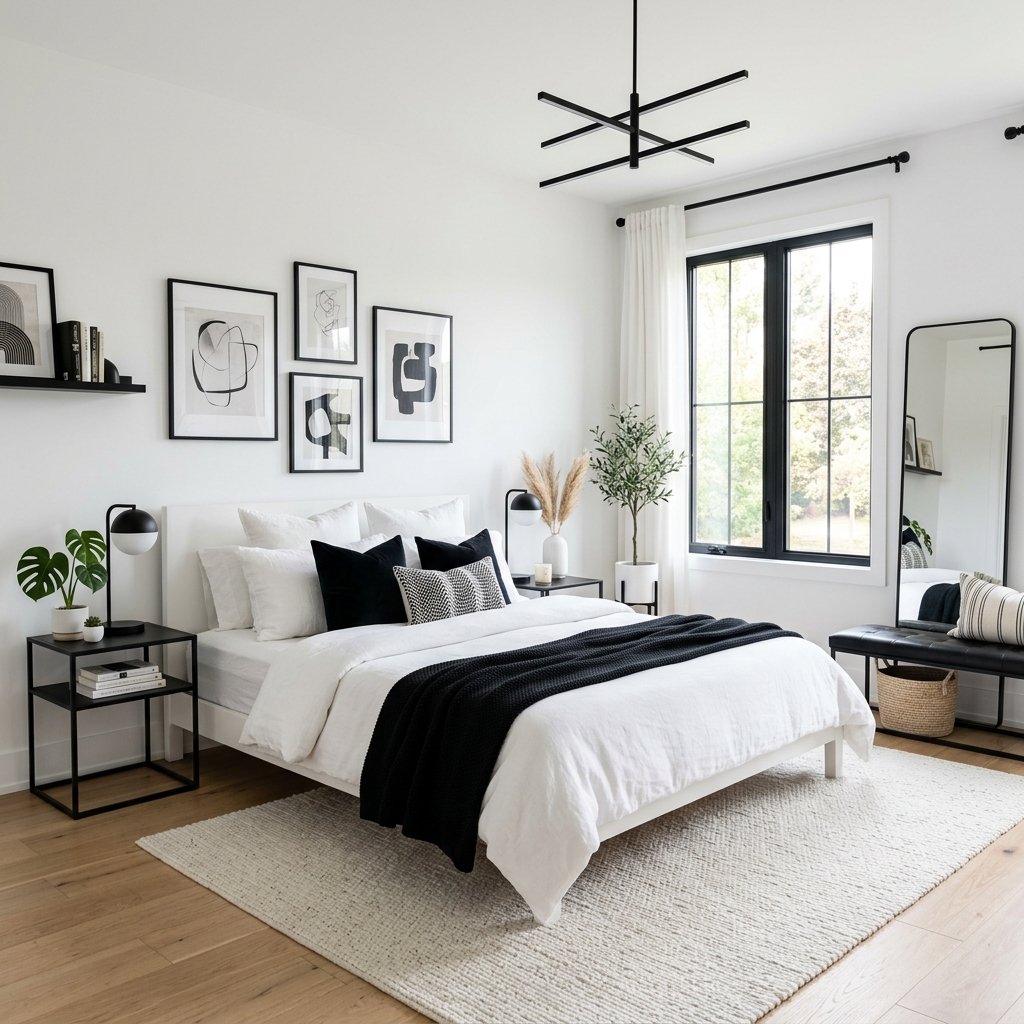 18 White Bedroom Ideas That Look Straight Out of a Pinterest Dream 3 Modern White Bedroom With Black Accents