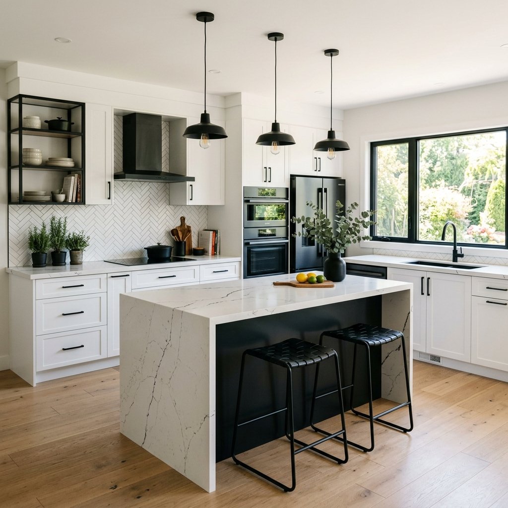 17 White Kitchen Ideas That Look Expensive Without Trying Too Hard 4 Modern White Kitchen With Black Accents