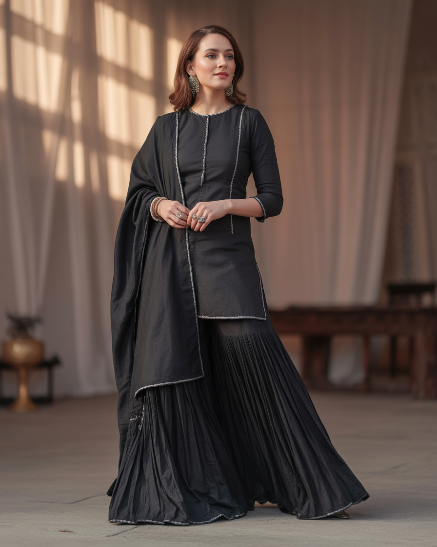 16 Eid Outfit Ideas That’ll Have Everyone Asking “Okay… Where Did You Get That?” 3 Monochrome Black Sharara Set