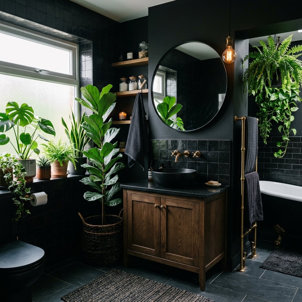 17 Black Bathroom Ideas That Look Expensive Without Trying Too Hard 7 Moody Black Bathroom With Plants