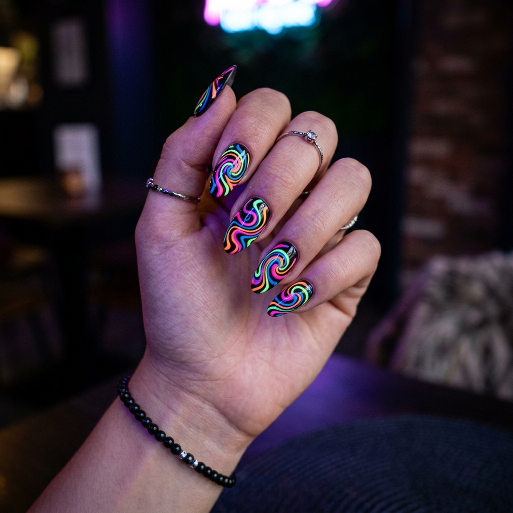 16 Neon Summer Nails That Are Basically Sunshine in Mani Form (Warning: You’ll Want Them All) 6 Neon Swirl Nails