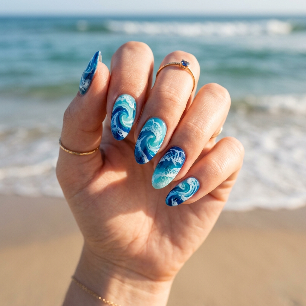17 Beach Summer Nails That Will Make Your Vacation Photos Instantly Hotter 2 Ocean Wave Swirls