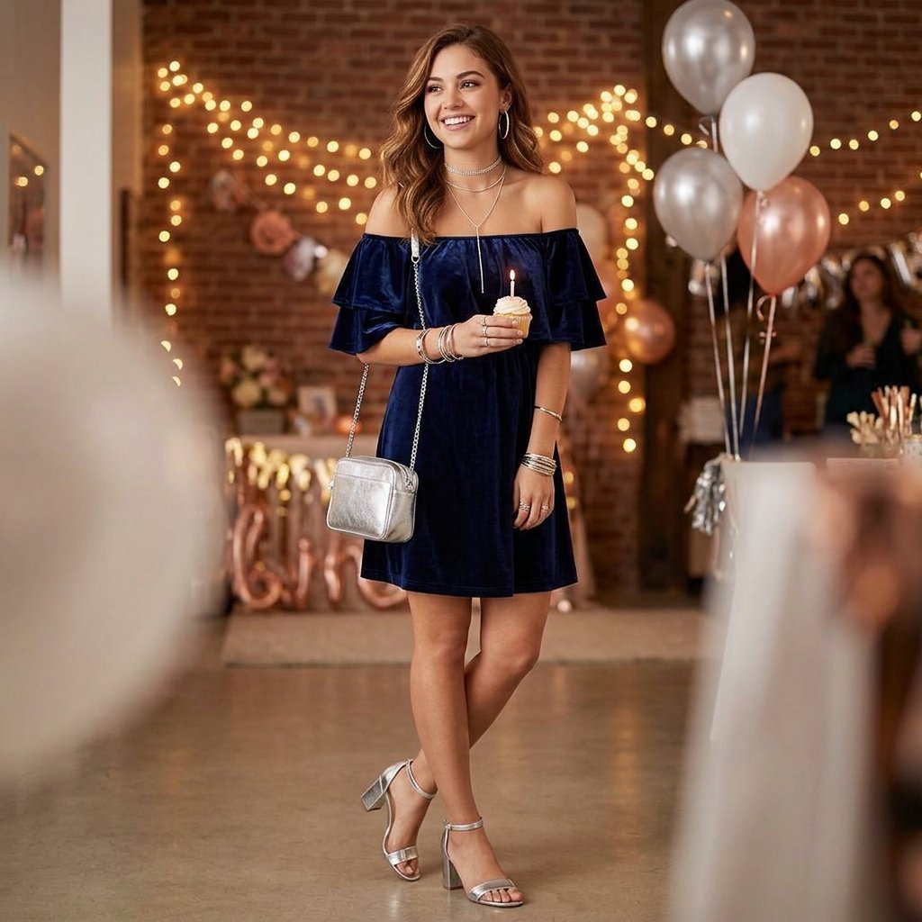 17 Birthday Outfit Ideas for Women That’ll Make You Feel Like That Girl All Day 15 Off Shoulder Dress Metallic Accessories