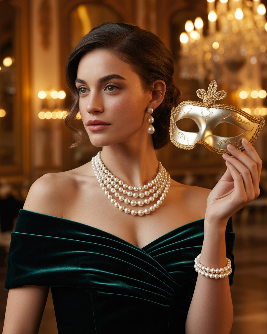17 Masquerade Outfit Ideas That’ll Make You Feel Like the Main Character All Night 8 Off-Shoulder Gown + Pearl Accessories