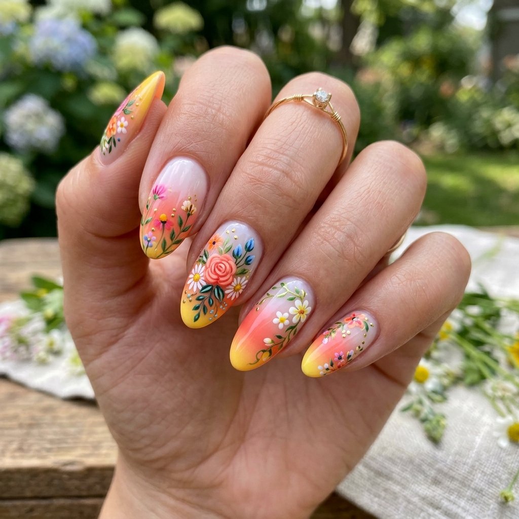 18 Flower Summer Nail Ideas That’ll Make Your Hands the Main Character This Season 10 Ombre Floral Combo