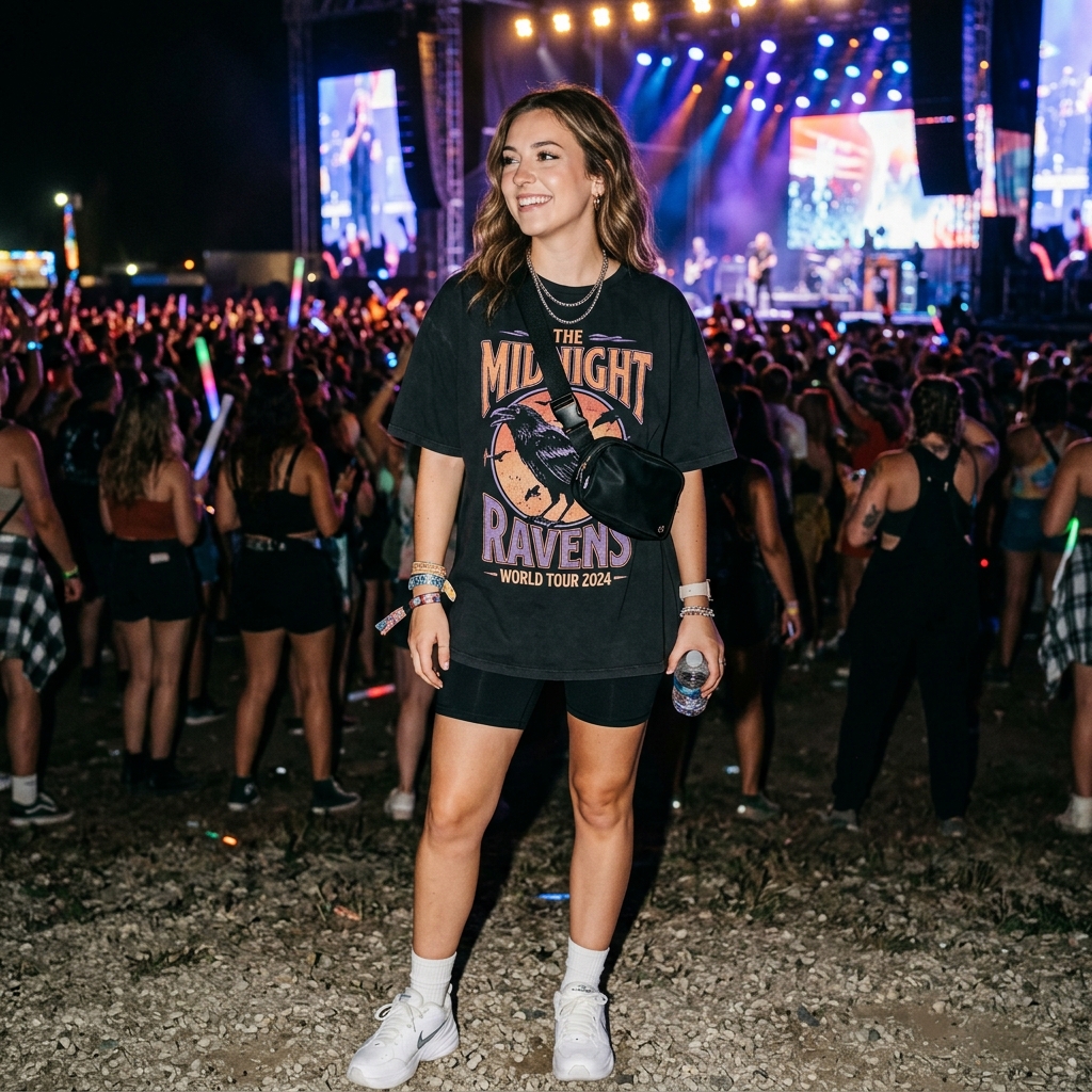 15 Concert Outfit Ideas That’ll Have You Looking Like the Main Character All Night 2 Oversized Graphic Tee Biker Shorts