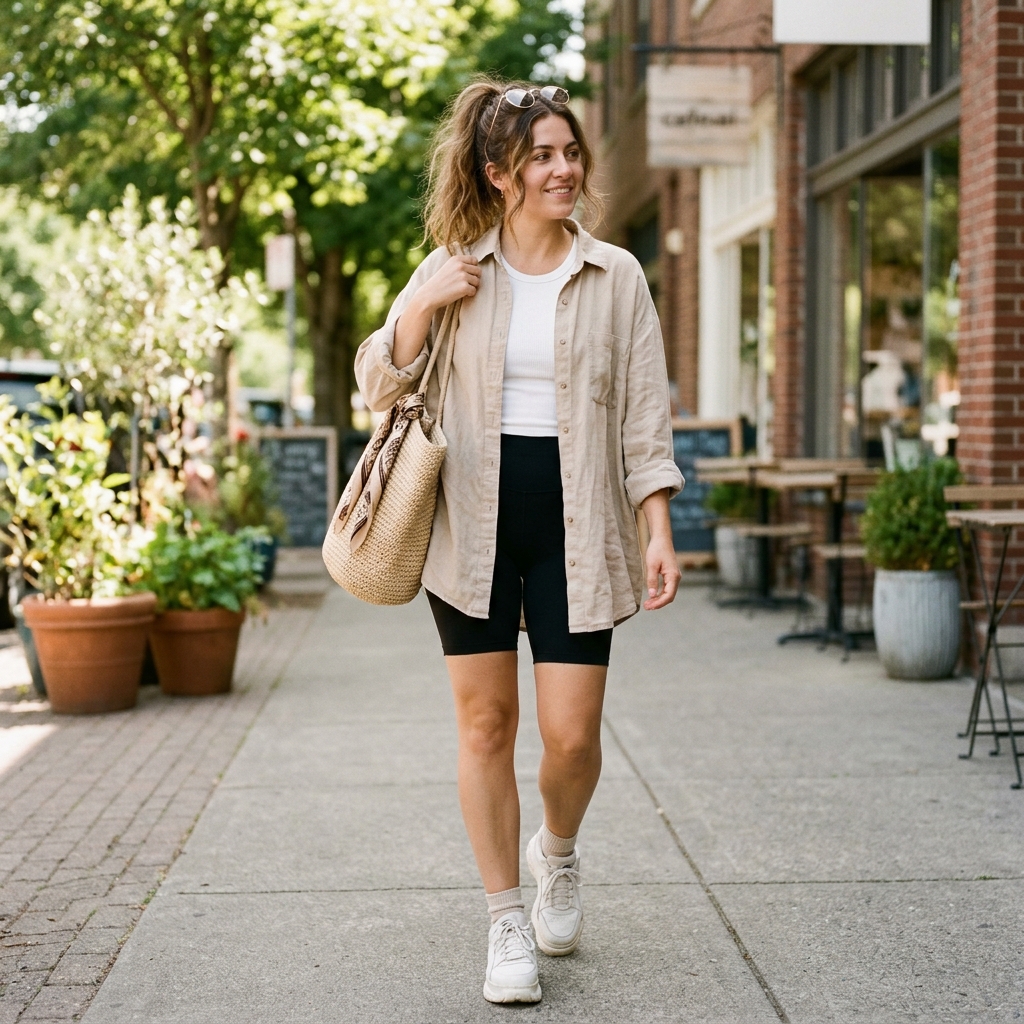 16 Summer Outfit Ideas That Make Getting Dressed Way Too Easy in 2026 2 Oversized Linen Shirt Biker Shorts