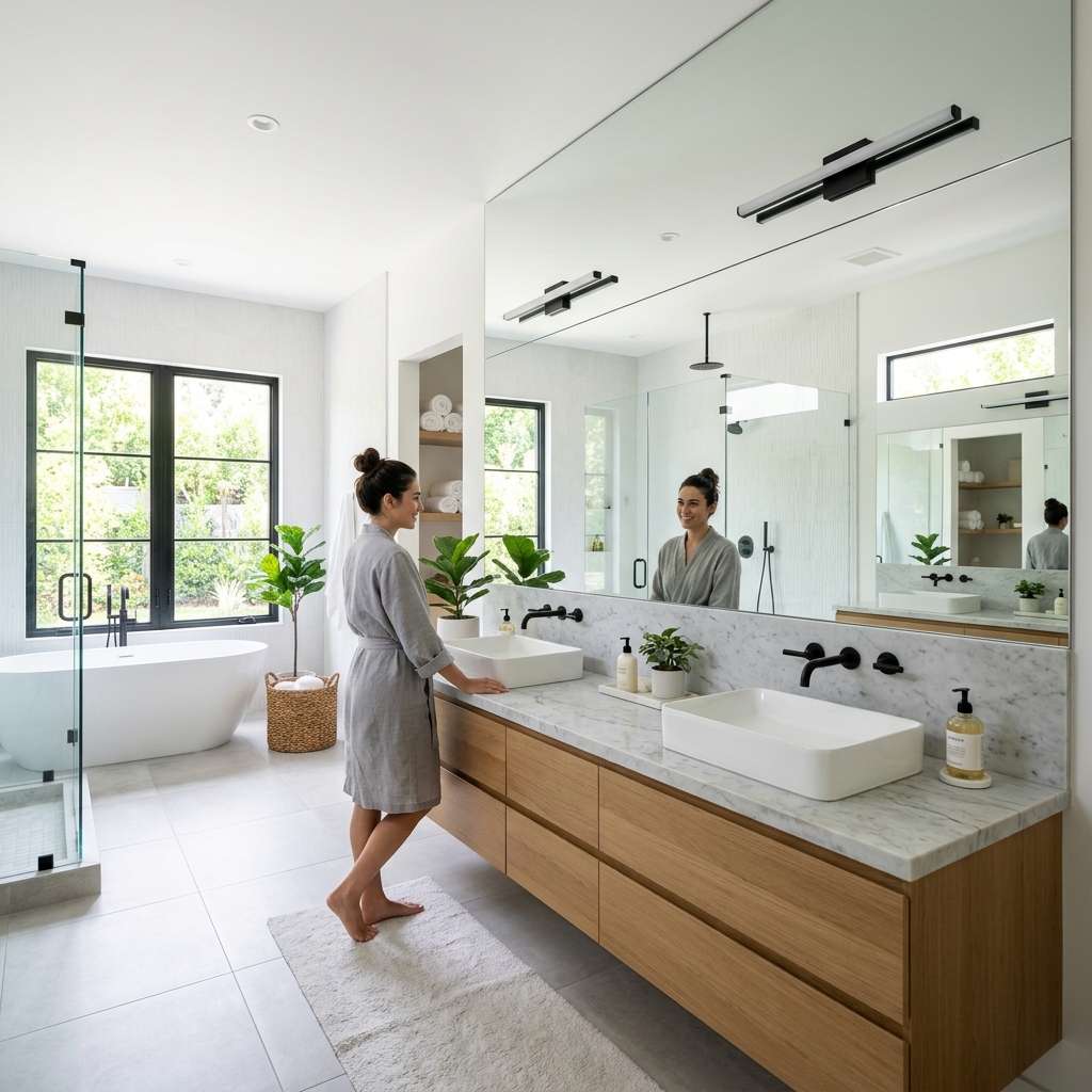 16 Modern Bathroom Ideas That Look Straight Out of a Luxury Spa (Without the Luxury Price Tag) 3 Oversized Mirrors That Bounce Light Everywhere