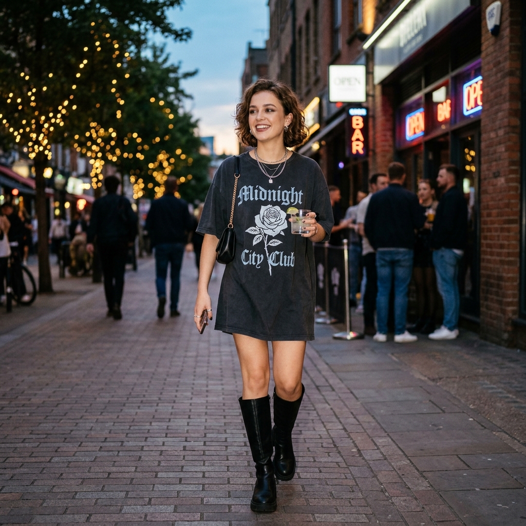 17 Girls Night Out Outfit Ideas That’ll Have Your Group Chat Asking “Where’d You Get That?!” 17 Oversized Shirt Tall Boots