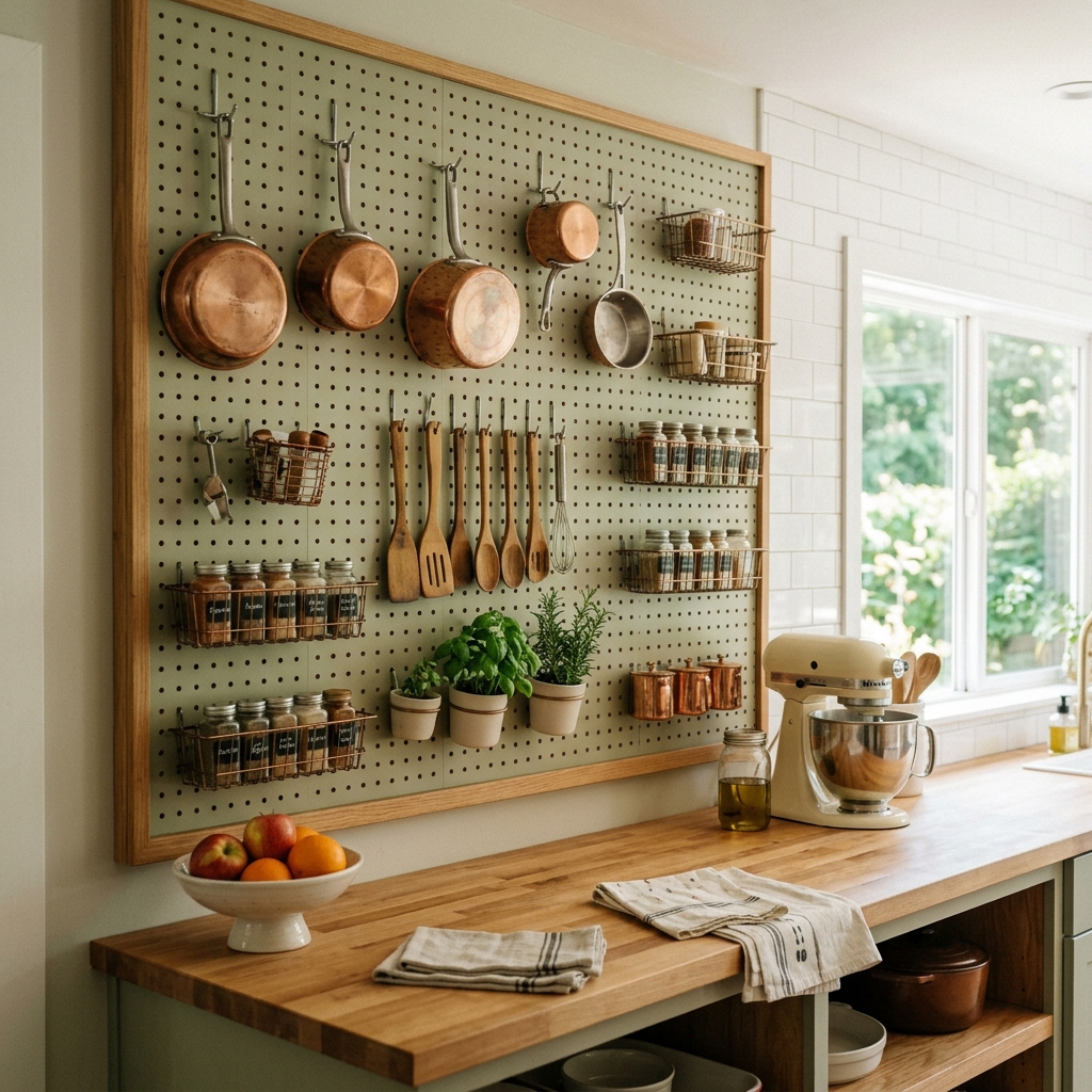 16 Kitchen Storage Ideas That Will Make Your Tiny Kitchen Feel Weirdly Expensive 10 Pegboard Storage Walls