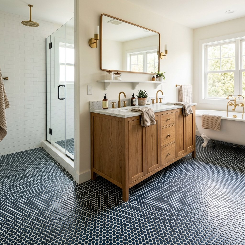 17 Bathroom Flooring Ideas That Instantly Make Your Space Look Expensive (Without the Celebrity Budget) 7 Penny Tile Flooring