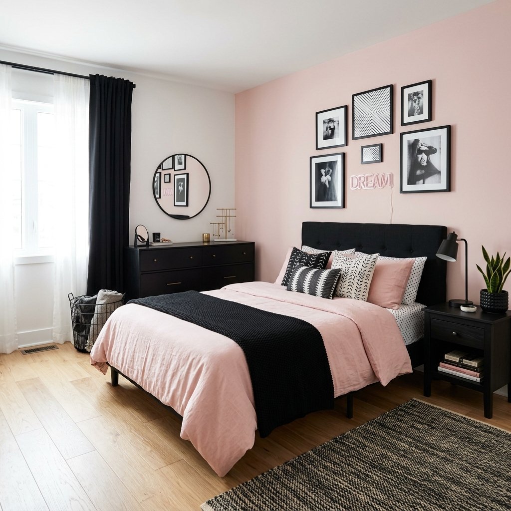 18 Pink Bedroom Ideas That Are Giving Main-Character Energy in 2026 11 Pink and Black Bedroom for an Edgy Twist