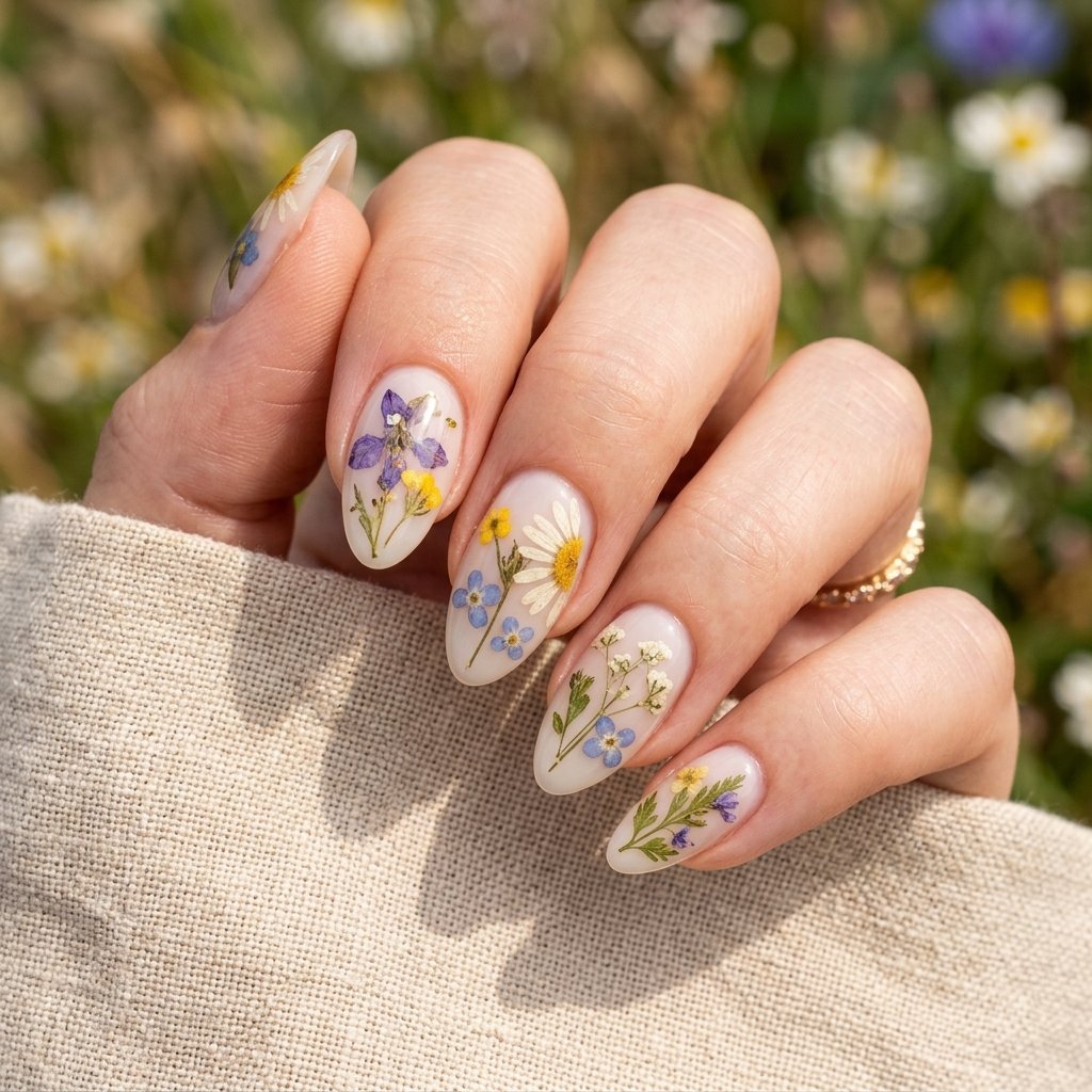 18 Flower Summer Nail Ideas That’ll Make Your Hands the Main Character This Season 8 Pressed Flower Aesthetic Nails