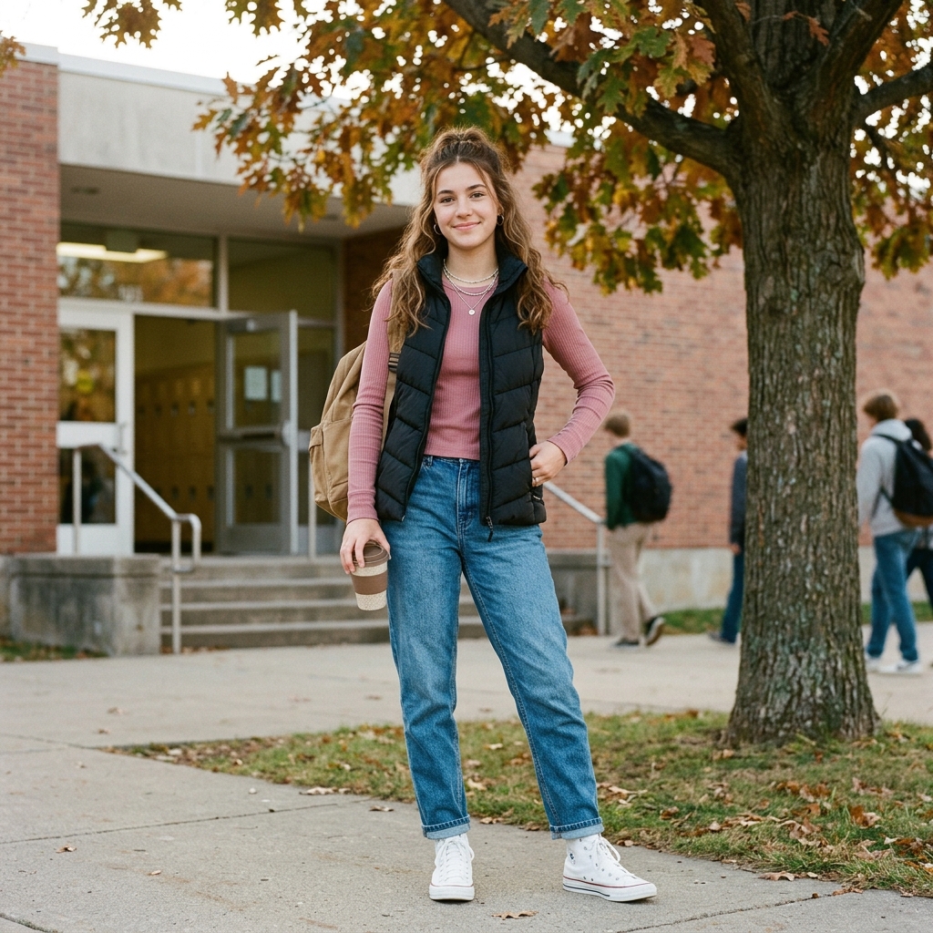 17 School Outfit Ideas So Good You’ll Actually Want to Wake Up Early for Class 15 Puffer Vest Long Sleeve Tee