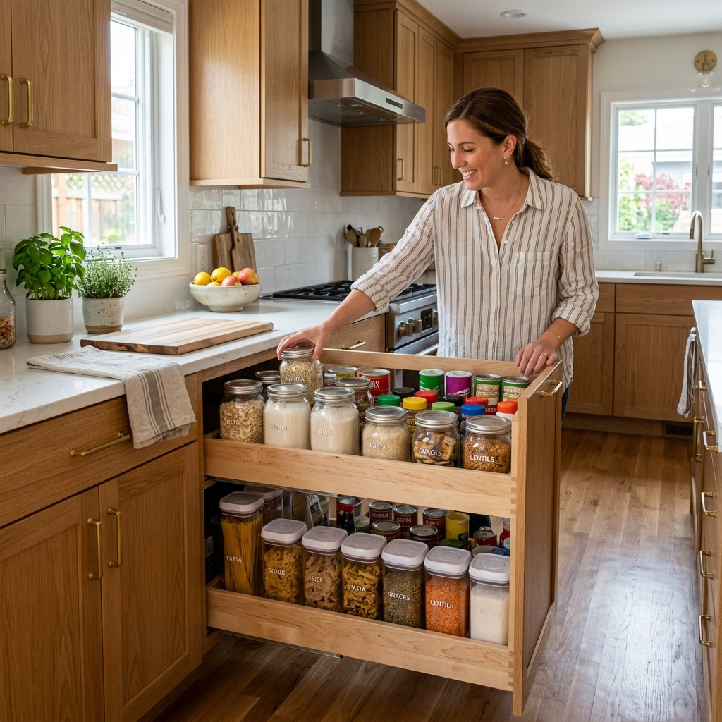 16 Kitchen Storage Ideas That Will Make Your Tiny Kitchen Feel Weirdly Expensive 3 Pull Out Pantry Drawers
