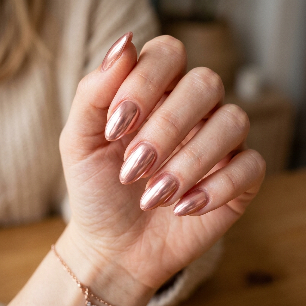 17 Chrome Summer Nails That Will Make Your Hands the Main Character This Season 4 Rose Gold Chrome Glow