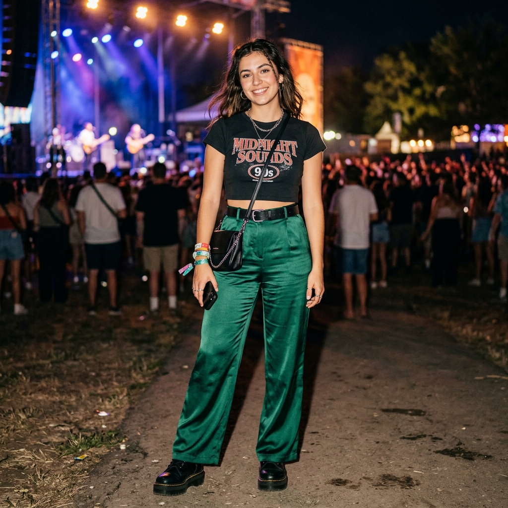 15 Concert Outfit Ideas That’ll Have You Looking Like the Main Character All Night 15 Satin Pants Baby Tee