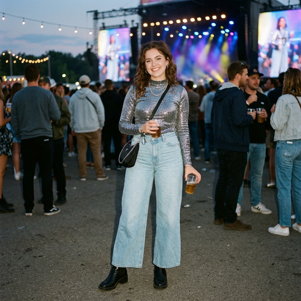 15 Concert Outfit Ideas That’ll Have You Looking Like the Main Character All Night 7 Sequin Top Wide Leg Jeans