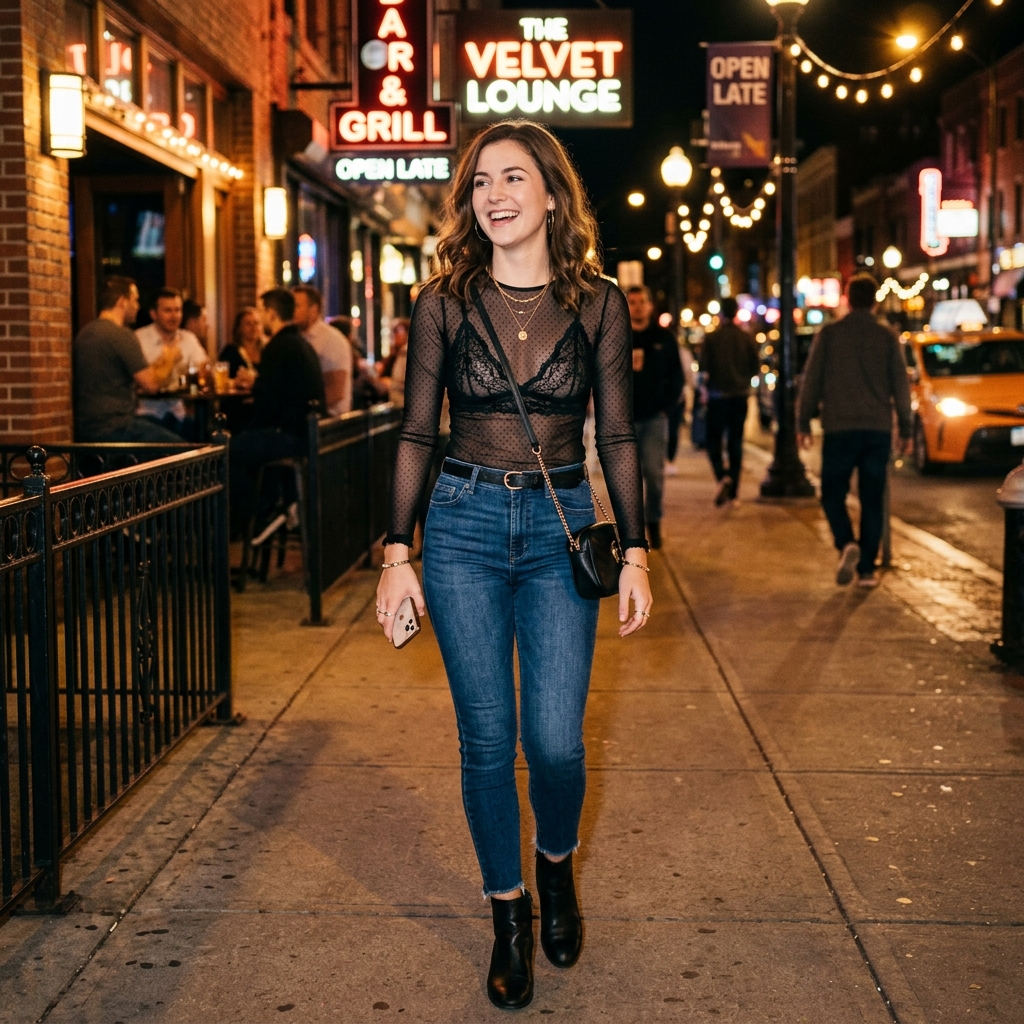 17 Girls Night Out Outfit Ideas That’ll Have Your Group Chat Asking “Where’d You Get That?!” 12 Sheer Top Bralette Jeans