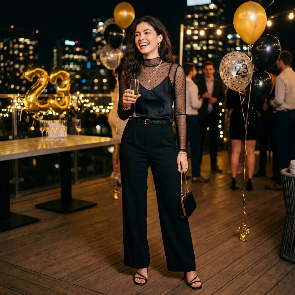 17 Birthday Outfit Ideas for Women That’ll Make You Feel Like That Girl All Day 17 Sheer Top Tailored Pants