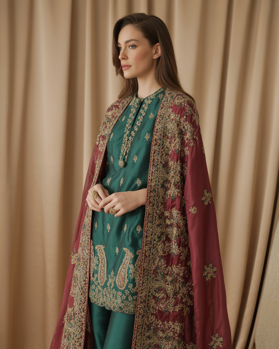 16 Eid Outfit Ideas That’ll Have Everyone Asking “Okay… Where Did You Get That?” 5 Silk Co-Ord Set With Embroidered Cape