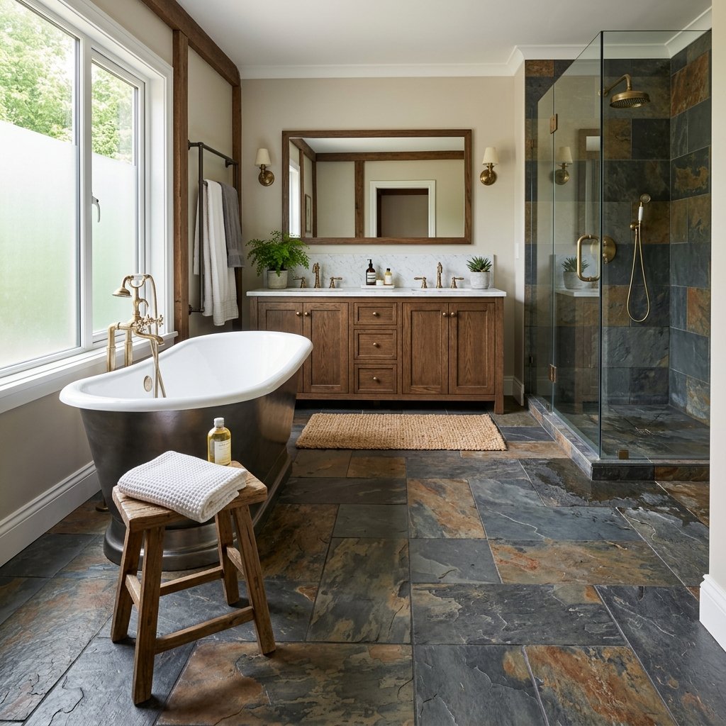 17 Bathroom Flooring Ideas That Instantly Make Your Space Look Expensive (Without the Celebrity Budget) 8 Slate Stone Flooring