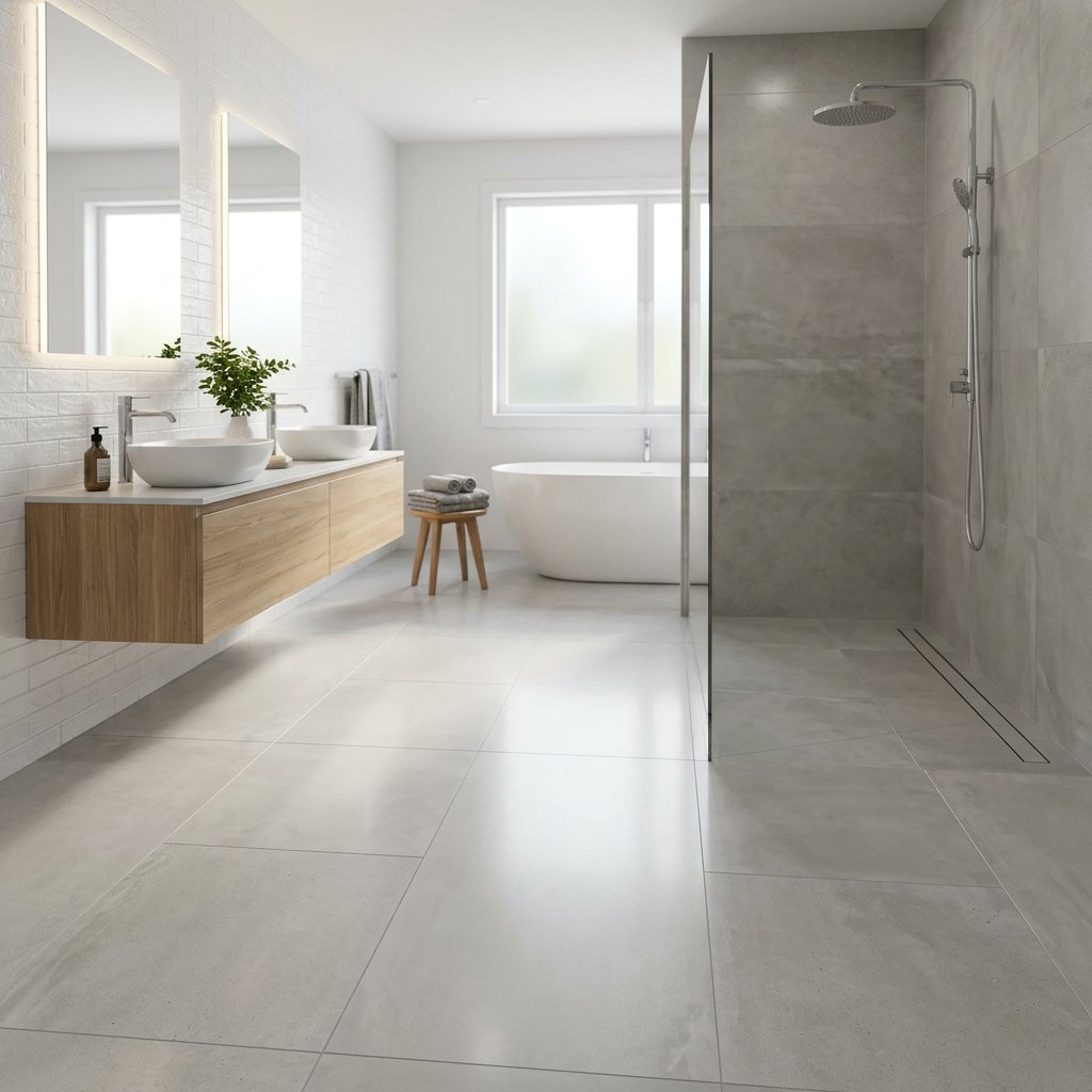 17 Bathroom Flooring Ideas That Instantly Make Your Space Look Expensive (Without the Celebrity Budget) 6 Sleek Large Format Tiles