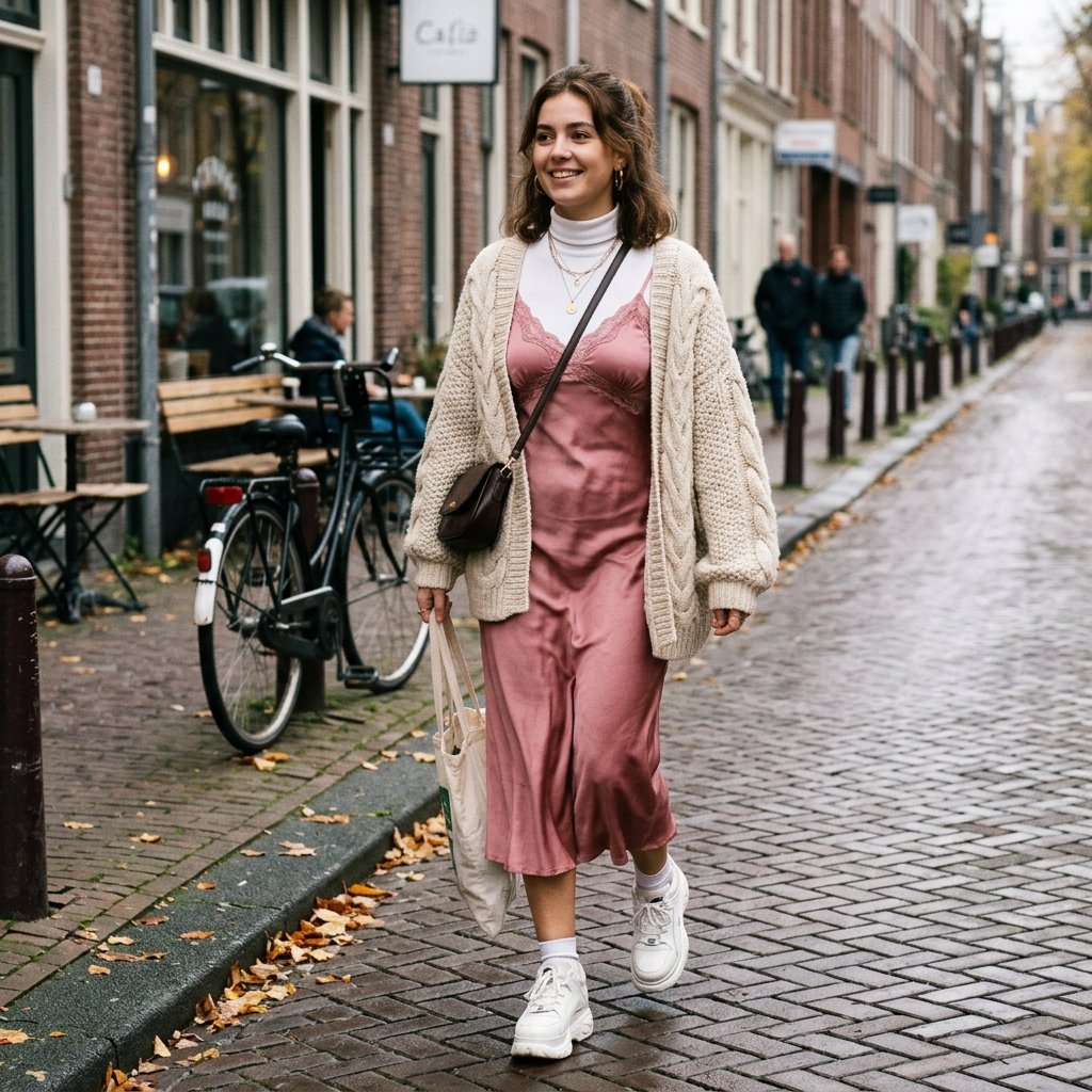 15 Cute Outfit Ideas That Make You Look Effortlessly Stylish (Without Trying Too Hard) 4 Slip Dress Chunky Cardigan