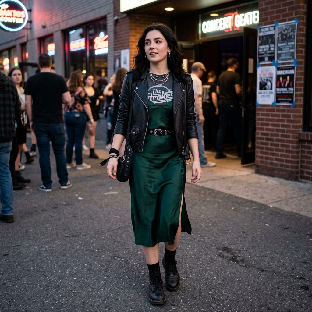 15 Concert Outfit Ideas That’ll Have You Looking Like the Main Character All Night 10 Slip Dress Leather Jacket