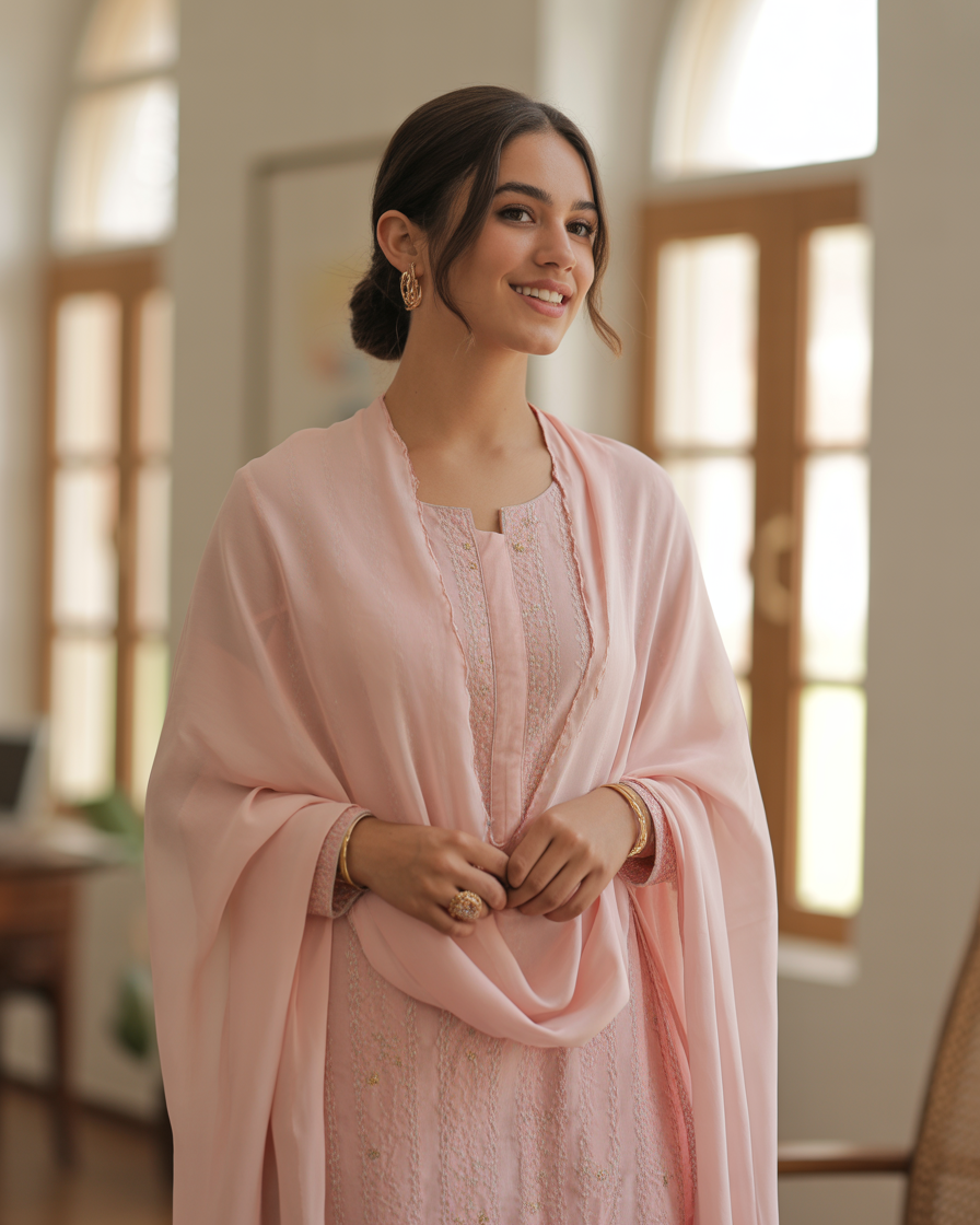 16 Eid Outfit Ideas That’ll Have Everyone Asking “Okay… Where Did You Get That?” 12 Soft Pink Chiffon Ensemble