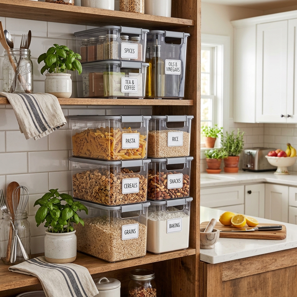 16 Kitchen Storage Ideas That Will Make Your Tiny Kitchen Feel Weirdly Expensive 16 Stackable Storage Bins