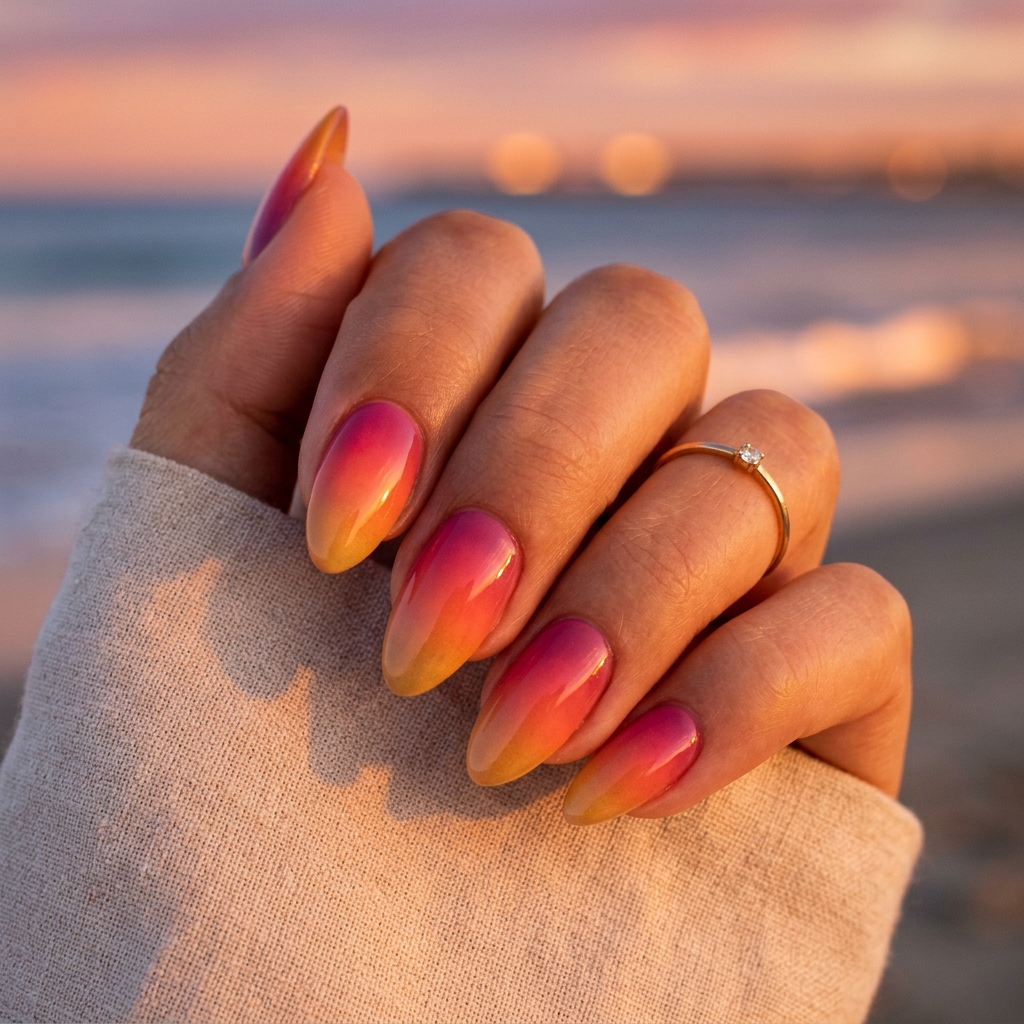 16 Summer Acrylic Nails That Will Instantly Upgrade Your Vibe (Hot Girl Nails Only ) 7 Sunset Gradient Nails