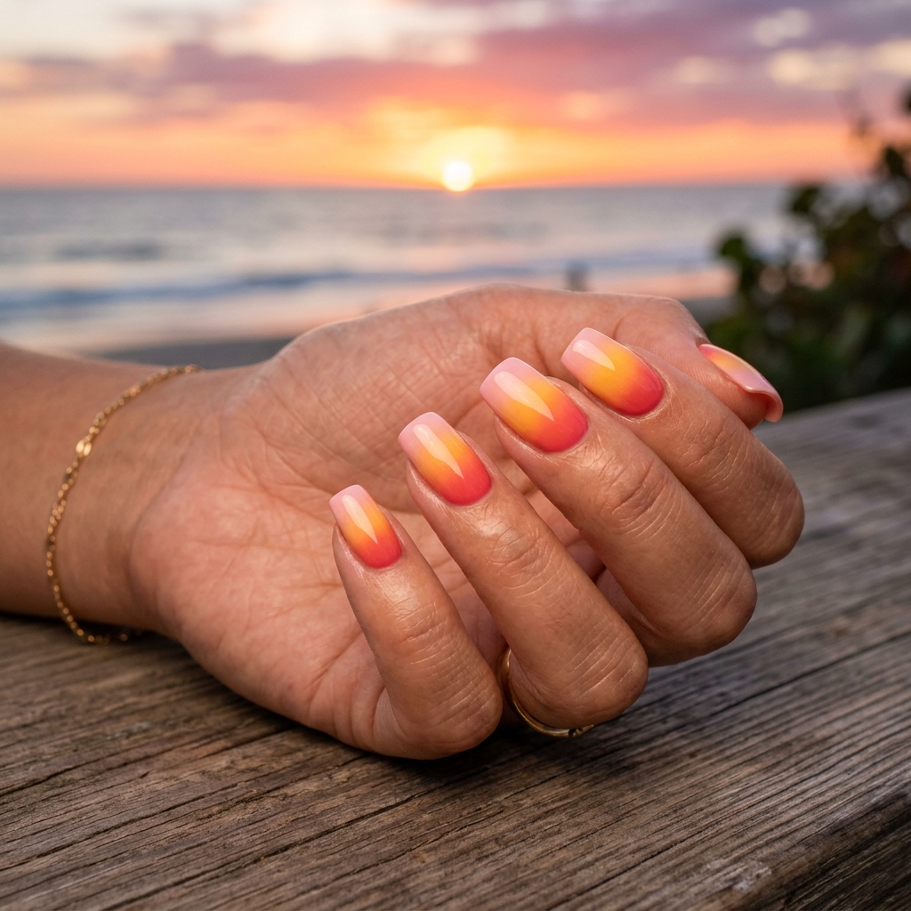 16 Neon Summer Nails That Are Basically Sunshine in Mani Form (Warning: You’ll Want Them All) 5 Sunset Ombre Nails