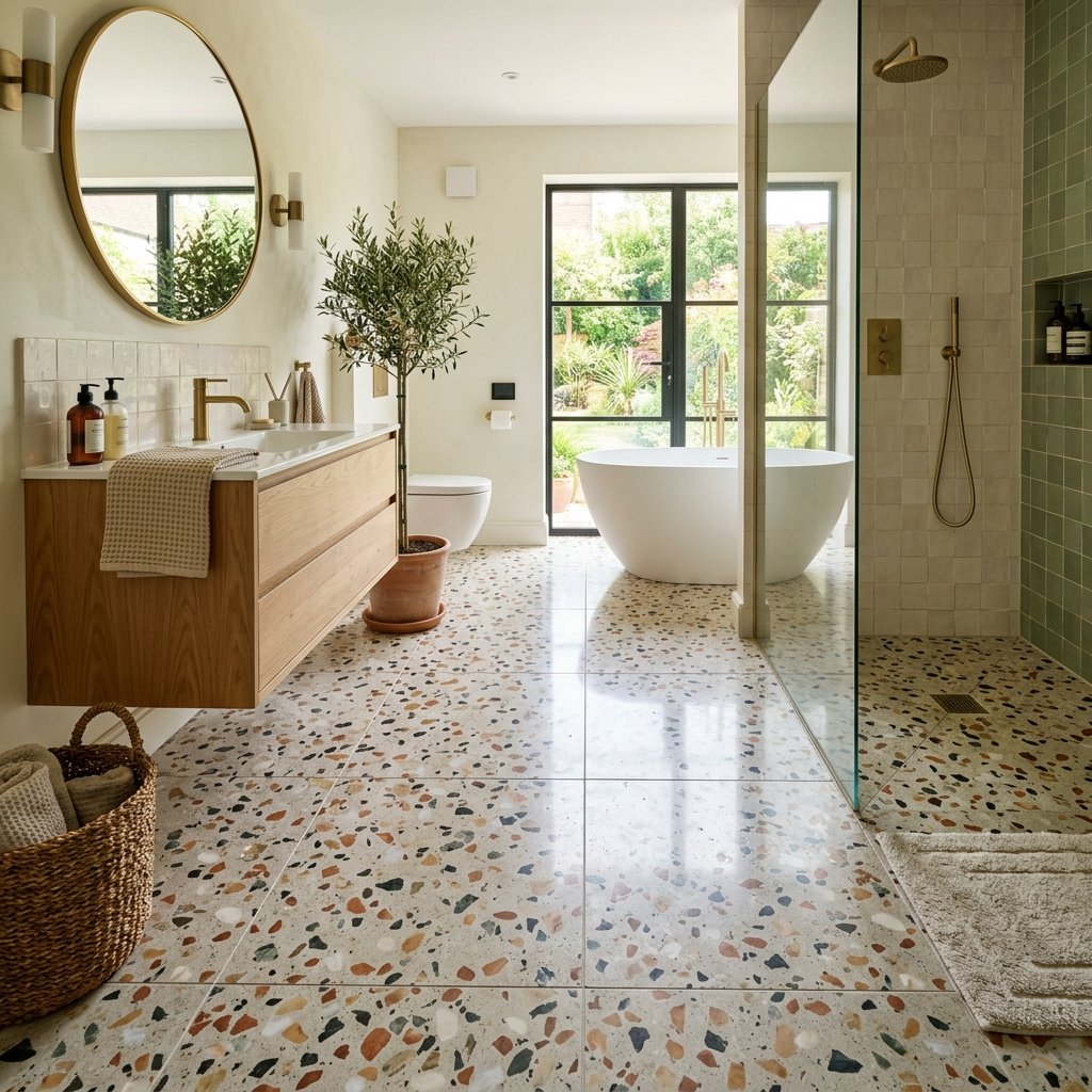 17 Bathroom Flooring Ideas That Instantly Make Your Space Look Expensive (Without the Celebrity Budget) 9 Terrazzo Bathroom Floors