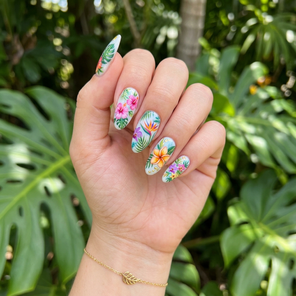 16 Summer Acrylic Nails That Will Instantly Upgrade Your Vibe (Hot Girl Nails Only ) 4 Tropical Floral Nails