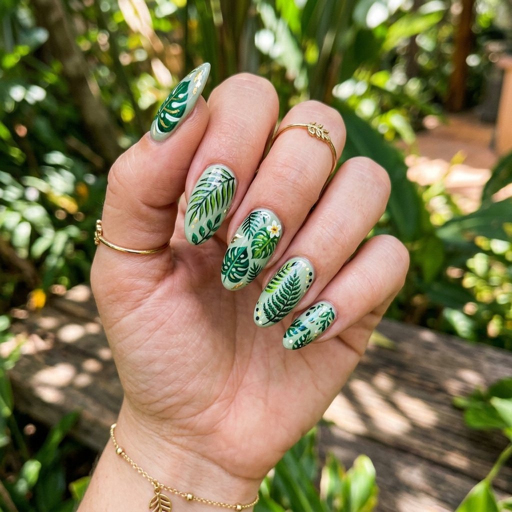 16 Green Summer Nails That Will Make You Cancel Your Nude Phase Immediately 11 Tropical Leaf Nail Art
