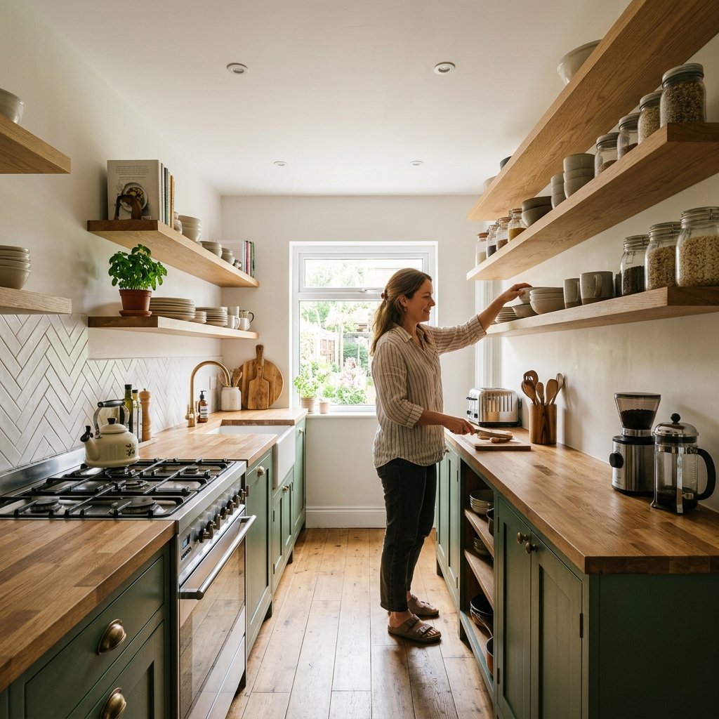 16 Galley Kitchen Ideas That Make Small Spaces Look Expensive Without Even Trying 4 Try Open Shelving Instead of Upper Cabinets