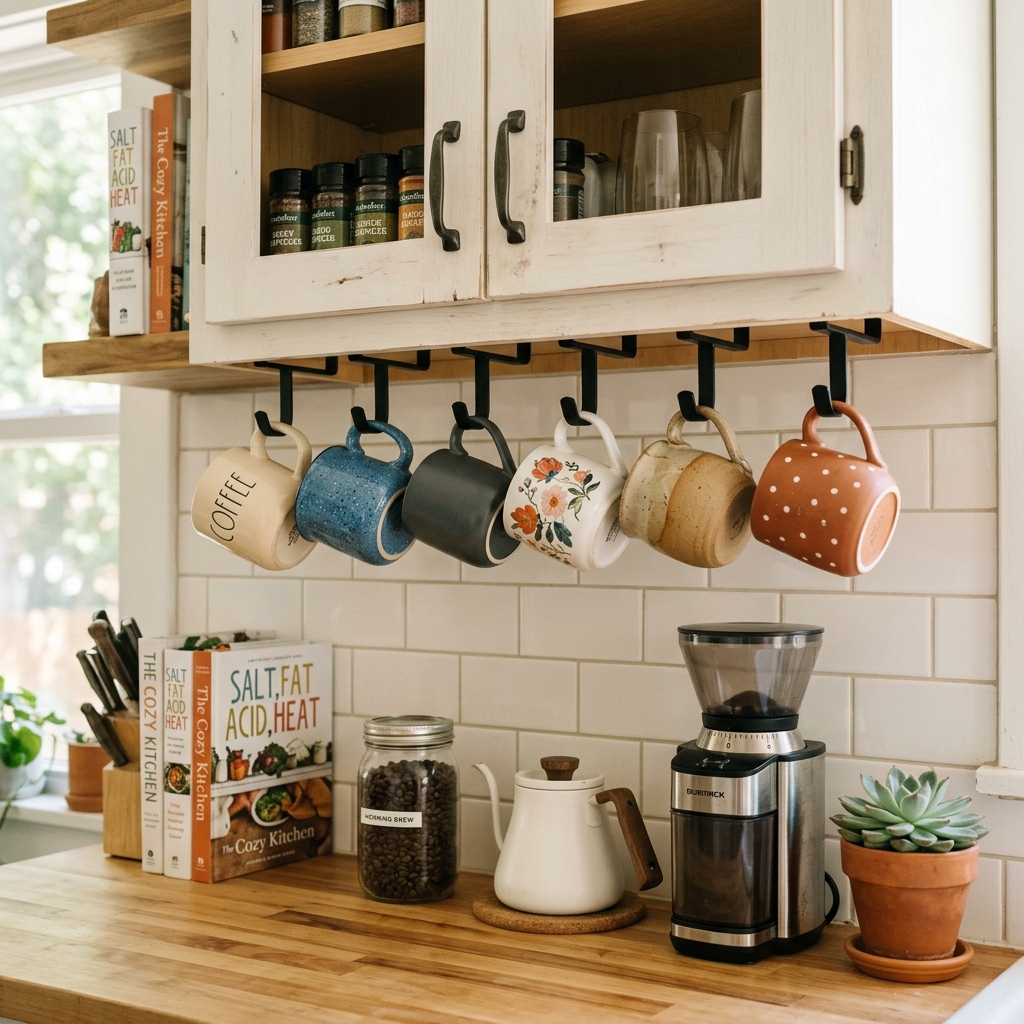 16 Kitchen Storage Ideas That Will Make Your Tiny Kitchen Feel Weirdly Expensive 11 Under Cabinet Mug Hooks