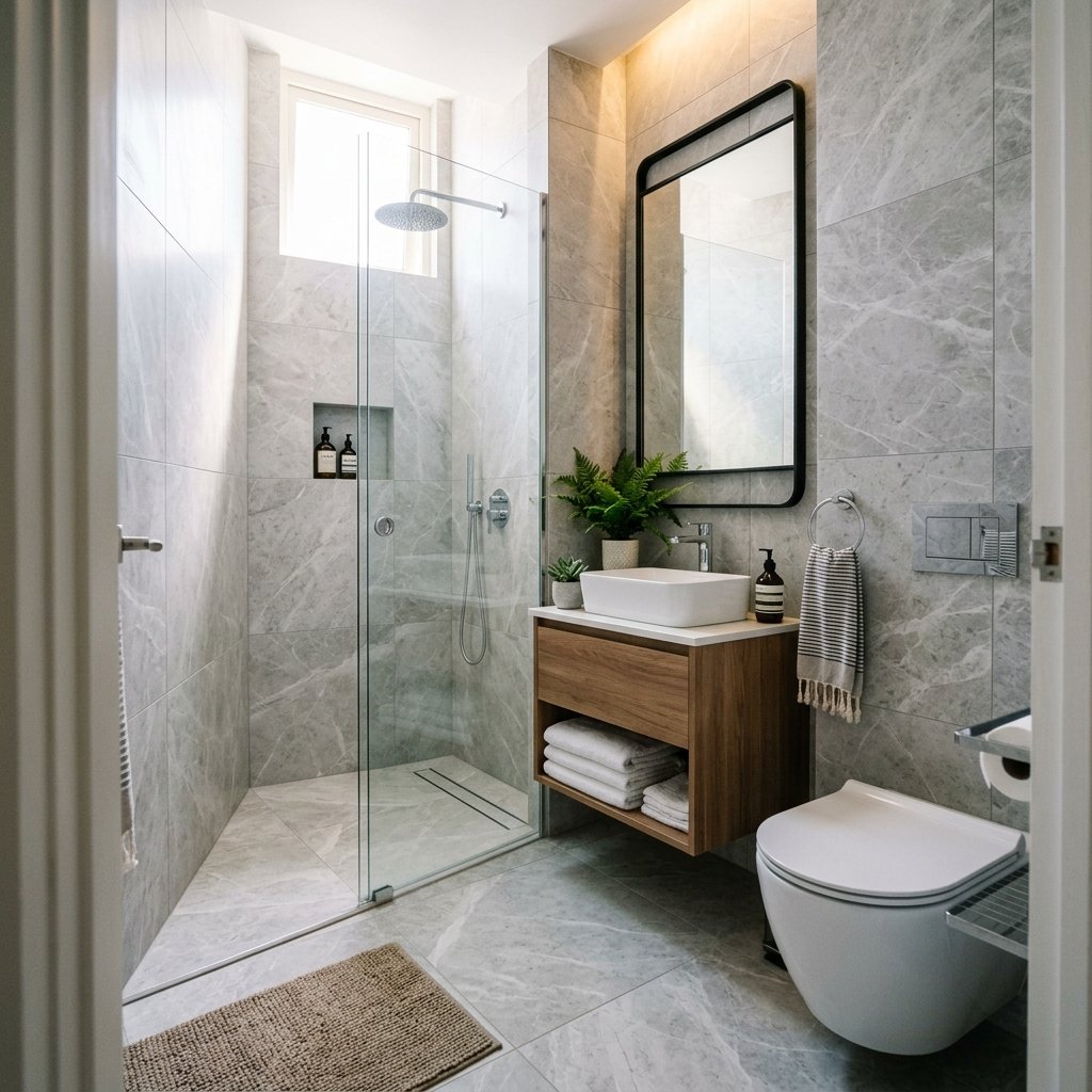 17 Tiny Bathroom Ideas That Make Small Spaces Look Seriously Expensive 9 Use Large Tiles Instead of Tiny Ones