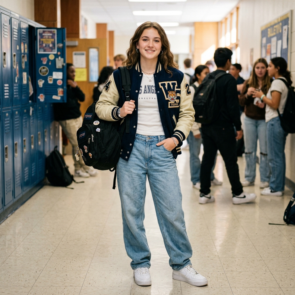 17 School Outfit Ideas So Good You’ll Actually Want to Wake Up Early for Class 12 Varsity Jacket Baggy Jeans