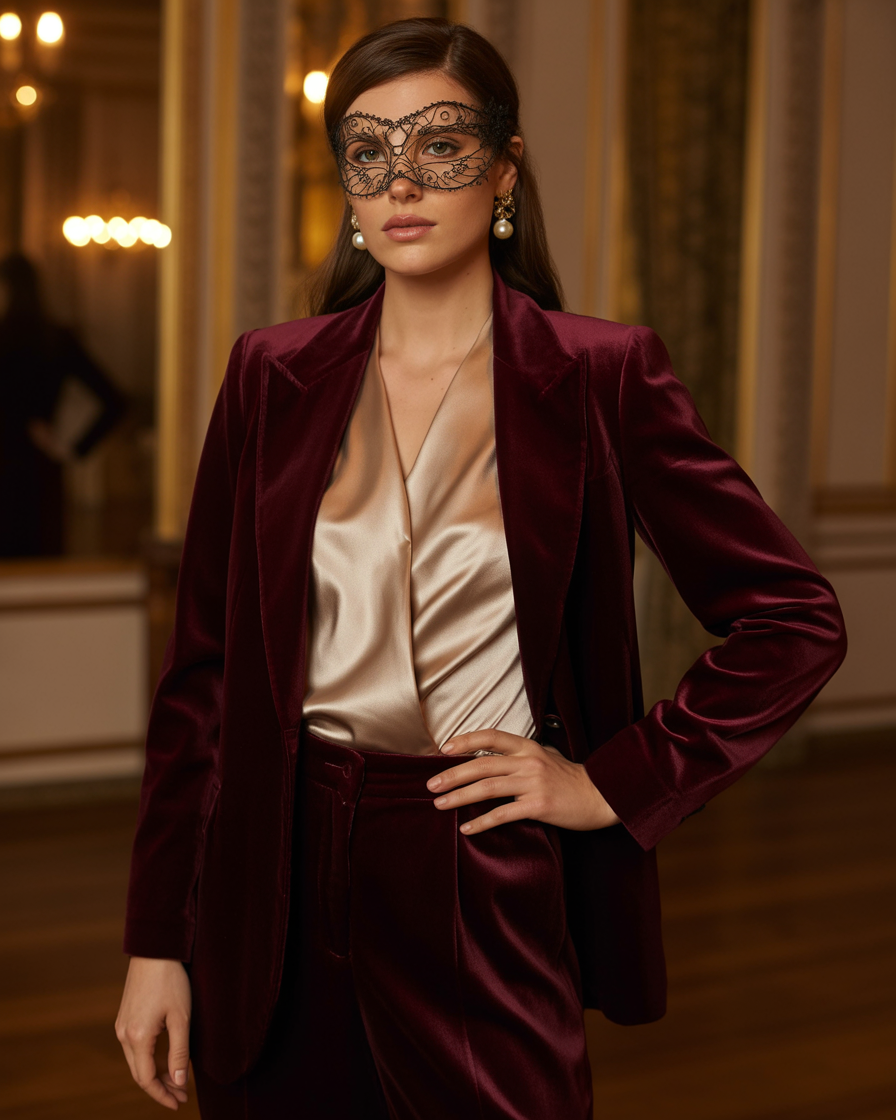 17 Masquerade Outfit Ideas That’ll Make You Feel Like the Main Character All Night 14 Velvet Suit + Satin Blouse